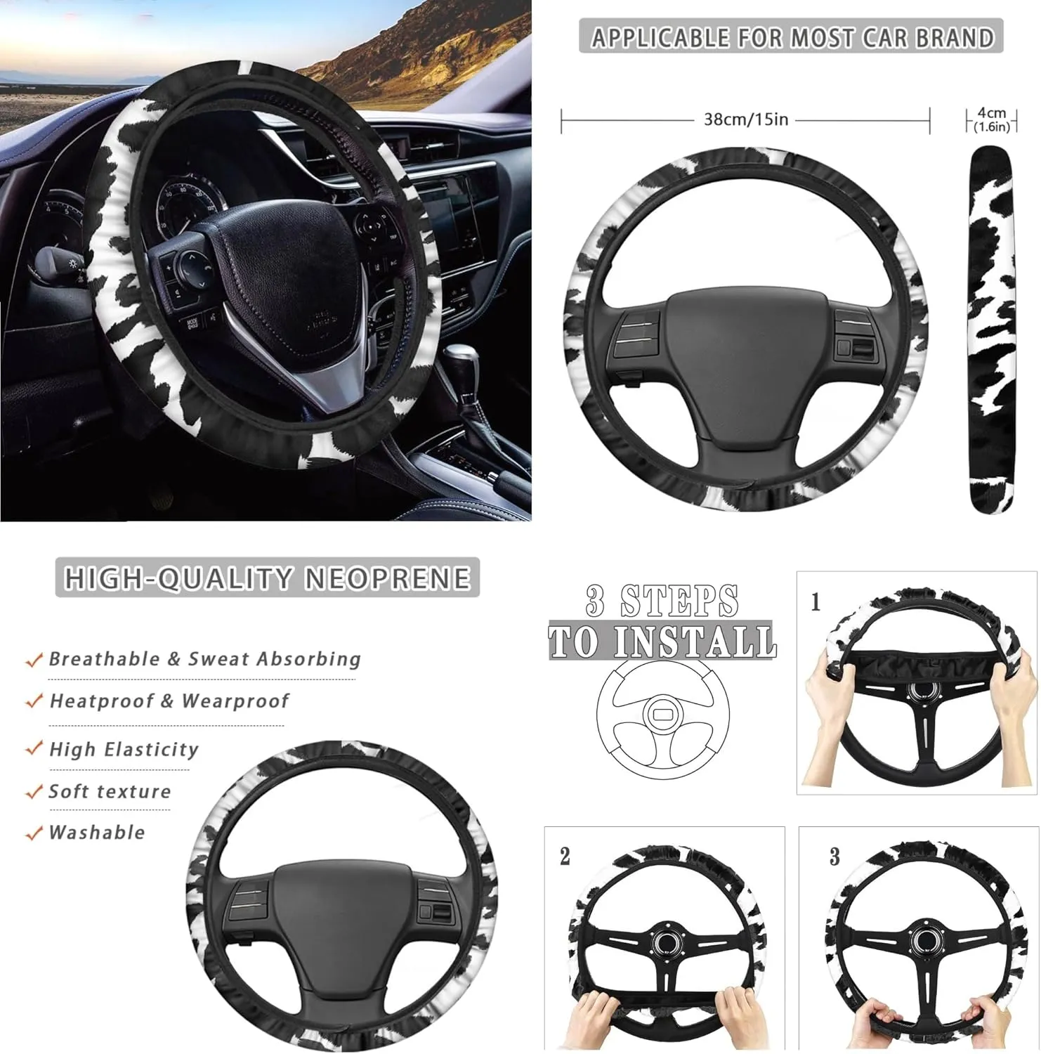 CLOHOMIN Cow Print Car Seat Cover Full Set of 14 Cute Steering Wheel Cover Seatbelt Pads Auto Armrest Cover Trash Bin Rearview Mirror Cover Handbrake Cover Set Coasters for Van SUV Sedan