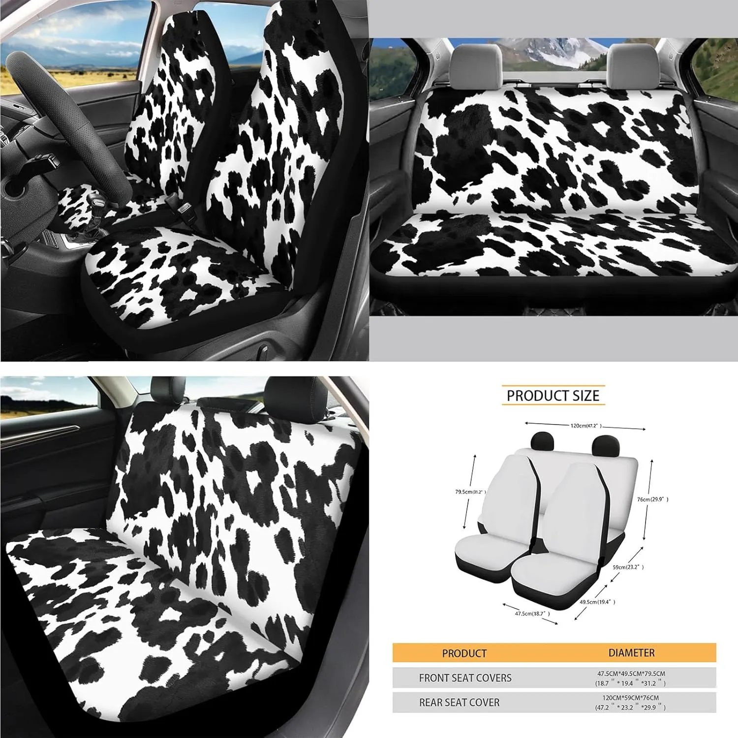 CLOHOMIN Cow Print Car Seat Cover Full Set of 14 Cute Steering Wheel Cover Seatbelt Pads Auto Armrest Cover Trash Bin Rearview Mirror Cover Handbrake Cover Set Coasters for Van SUV Sedan