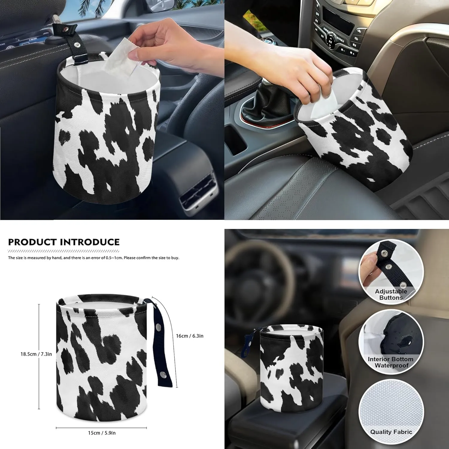 CLOHOMIN Cow Print Car Seat Cover Full Set of 14 Cute Steering Wheel Cover Seatbelt Pads Auto Armrest Cover Trash Bin Rearview Mirror Cover Handbrake Cover Set Coasters for Van SUV Sedan
