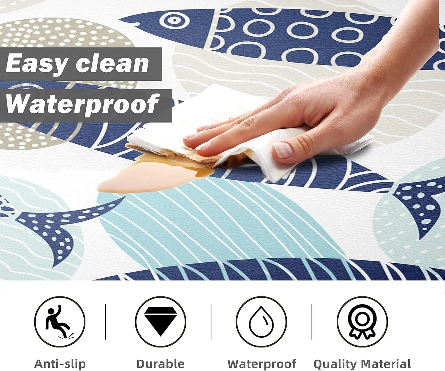 Coastal Kitchen Rugs Set of 2 Beach Kitchen Mats for Floor Cushioned Anti Fatigue Kitchen Floor Mat Fish Pattern Waterproof Non-Slip Comfort Standing Mat for Kitchen Sink, 17.3x28 17.3x47 Inch, Blue