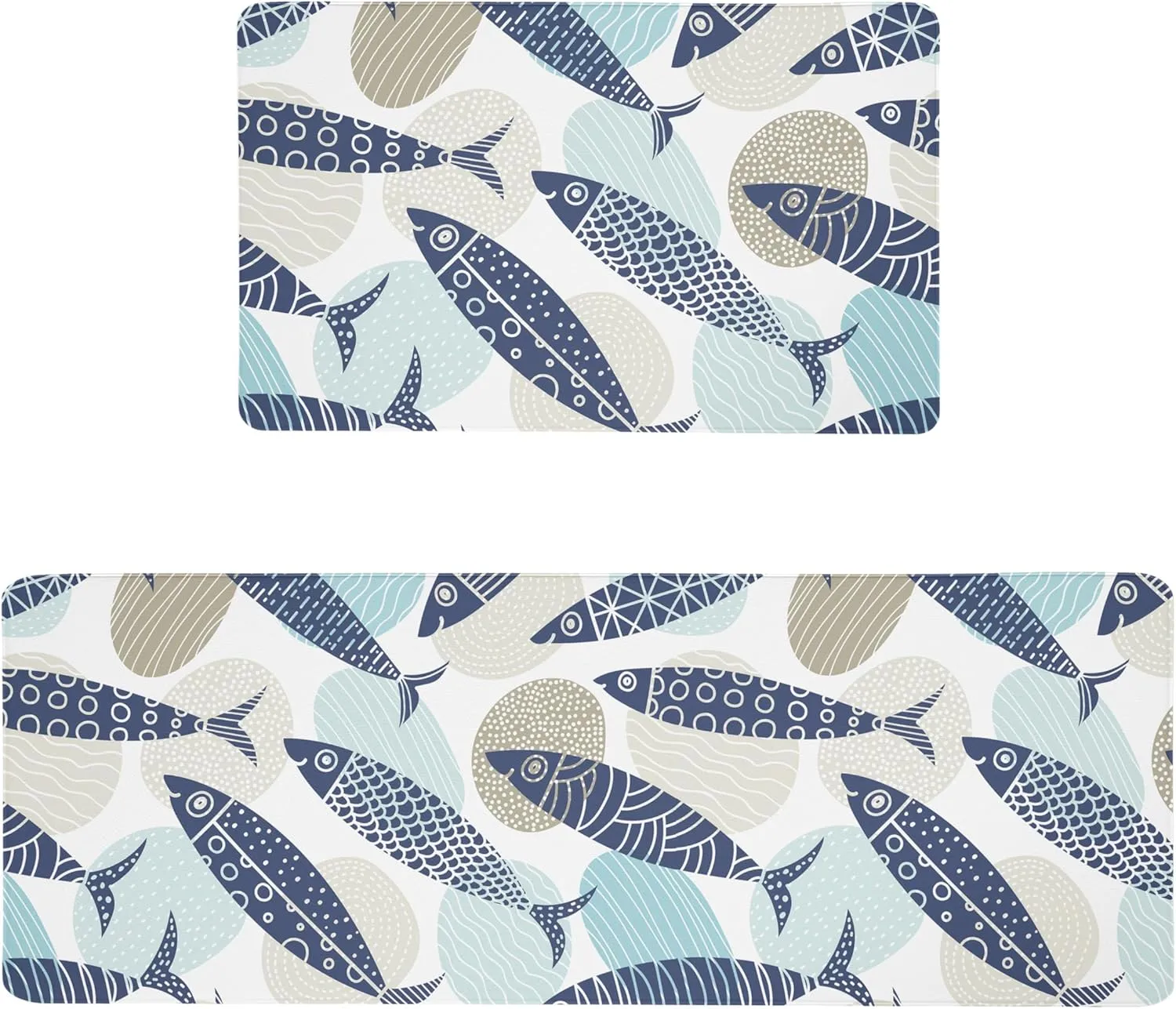 Coastal Kitchen Rugs Set of 2 Beach Kitchen Mats for Floor Cushioned Anti Fatigue Kitchen Floor Mat Fish Pattern Waterproof Non-Slip Comfort Standing Mat for Kitchen Sink, 17.3x28 17.3x47 Inch, Blue