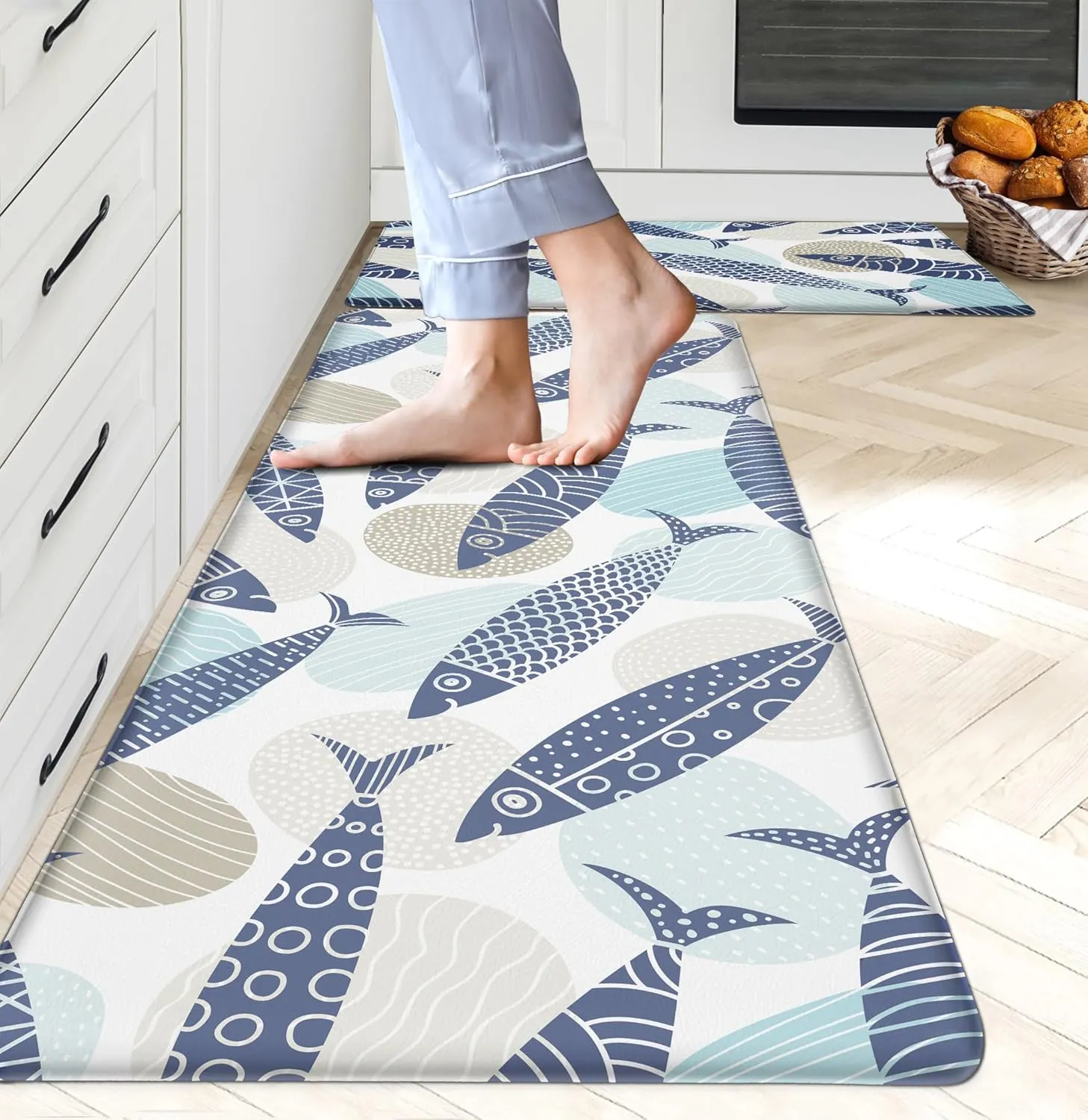 Coastal Kitchen Rugs Set of 2 Beach Kitchen Mats for Floor Cushioned Anti Fatigue Kitchen Floor Mat Fish Pattern Waterproof Non-Slip Comfort Standing Mat for Kitchen Sink, 17.3x28 17.3x47 Inch, Blue