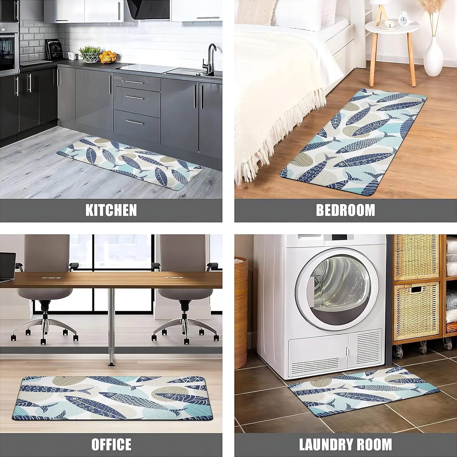 Coastal Kitchen Rugs Set of 2 Beach Kitchen Mats for Floor Cushioned Anti Fatigue Kitchen Floor Mat Fish Pattern Waterproof Non-Slip Comfort Standing Mat for Kitchen Sink, 17.3x28 17.3x47 Inch, Blue