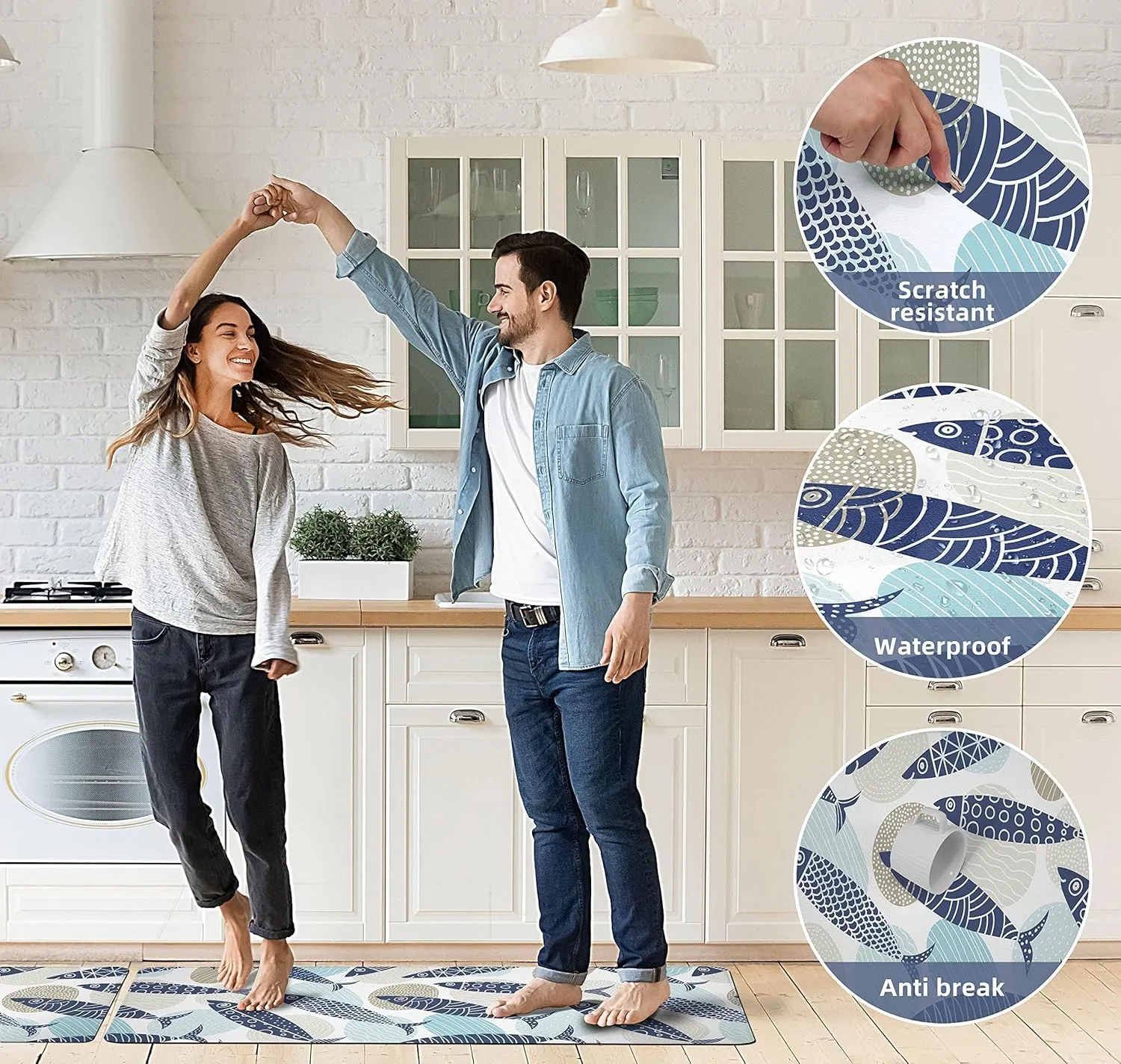 Coastal Kitchen Rugs Set of 2 Beach Kitchen Mats for Floor Cushioned Anti Fatigue Kitchen Floor Mat Fish Pattern Waterproof Non-Slip Comfort Standing Mat for Kitchen Sink, 17.3x28 17.3x47 Inch, Blue