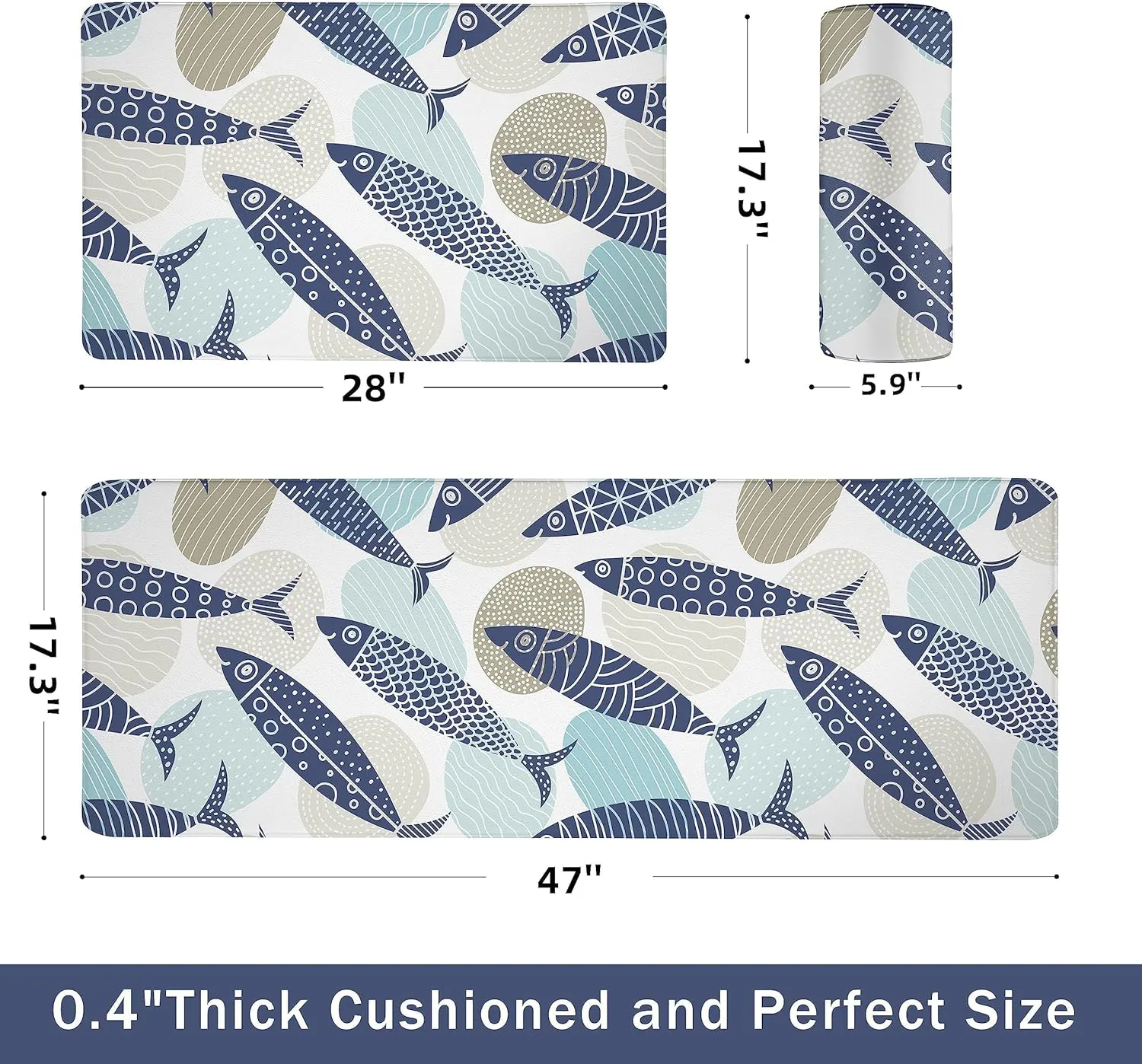 Coastal Kitchen Rugs Set of 2 Beach Kitchen Mats for Floor Cushioned Anti Fatigue Kitchen Floor Mat Fish Pattern Waterproof Non-Slip Comfort Standing Mat for Kitchen Sink, 17.3x28 17.3x47 Inch, Blue