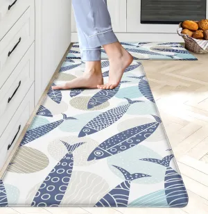 Coastal Kitchen Rugs Set of 2 Beach Kitchen Mats for Floor Cushioned Anti Fatigue Kitchen Floor Mat Fish Pattern Waterproof Non-Slip Comfort Standing Mat for Kitchen Sink, 17.3x28 17.3x47 Inch, Blue