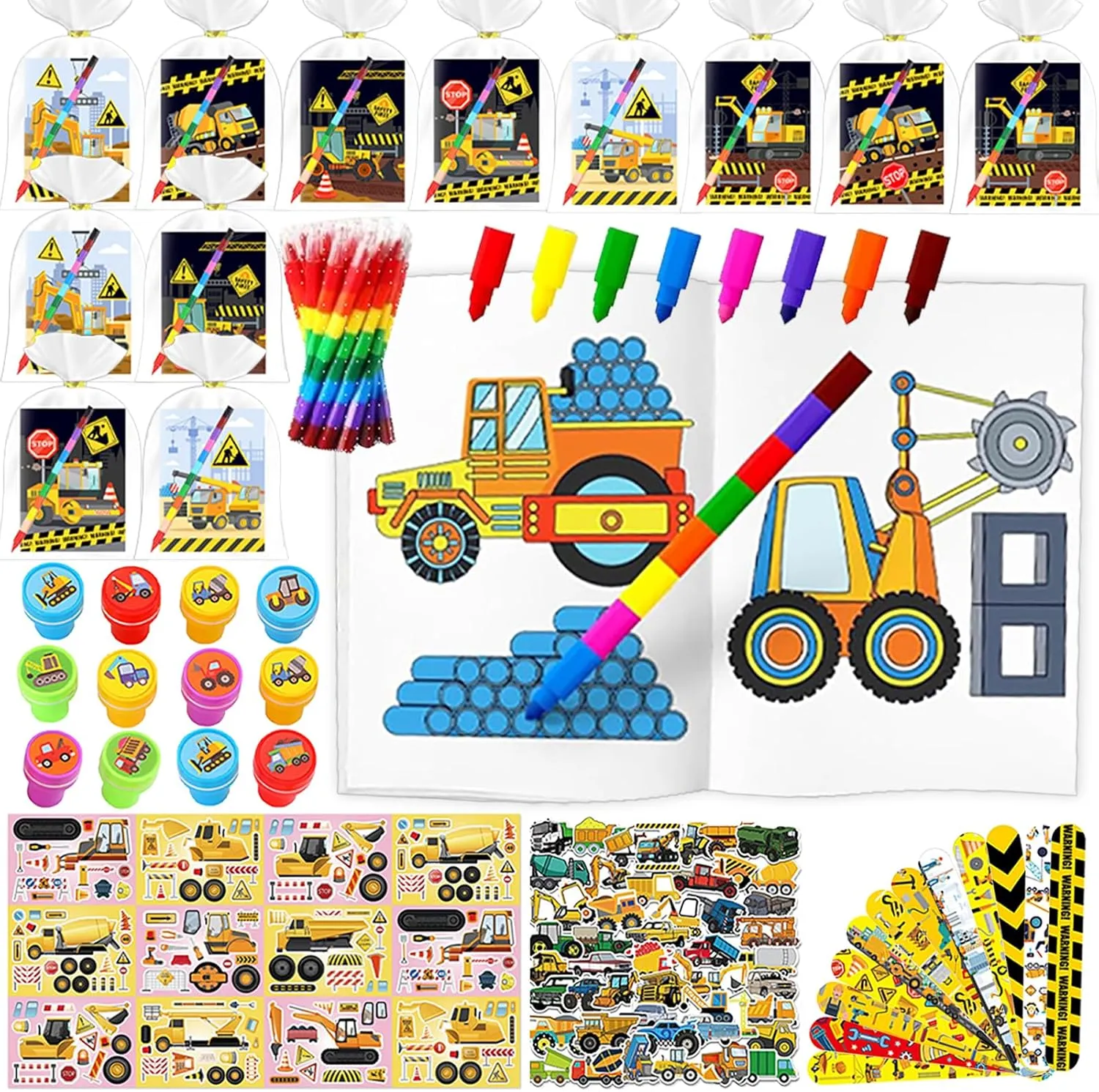 Construction Party Favors With Coloring Book,122Pcs Truck Party Supplies Including Coloring Books,Crayons,Wristband,Stamps,For Party Goodie Bag Fillers School Activity Supplies (Truck)