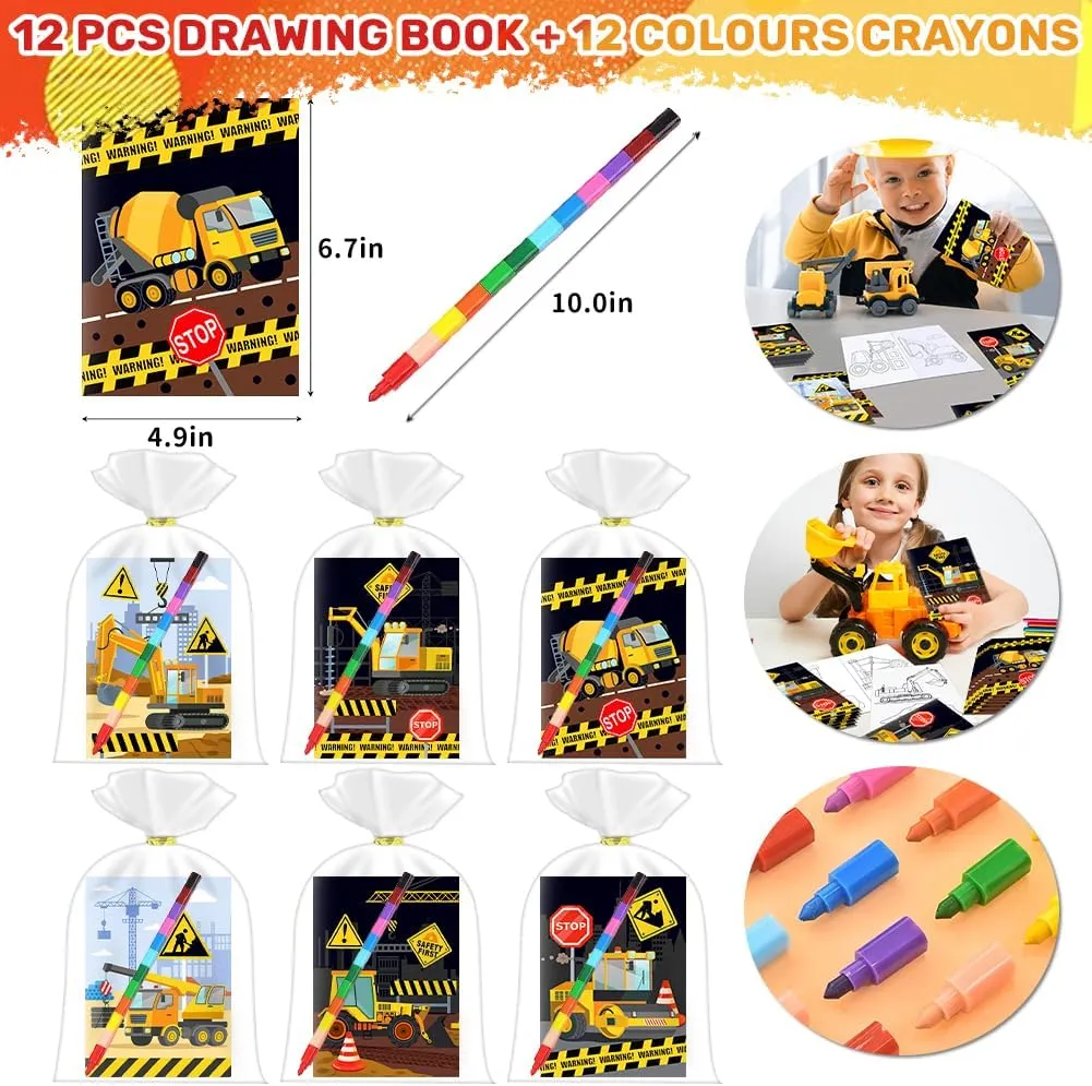 Construction Party Favors With Coloring Book,122Pcs Truck Party Supplies Including Coloring Books,Crayons,Wristband,Stamps,For Party Goodie Bag Fillers School Activity Supplies (Truck)