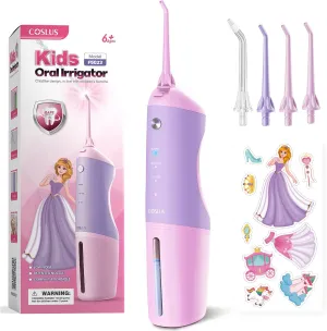COSLUS Kids Water Dental Flosser Deep Cleaning Picks Portable 4 Modes for Ages 6  Safe Waterproof Rechargeable with 4 Jet Tips for Gums Care Pink Purple