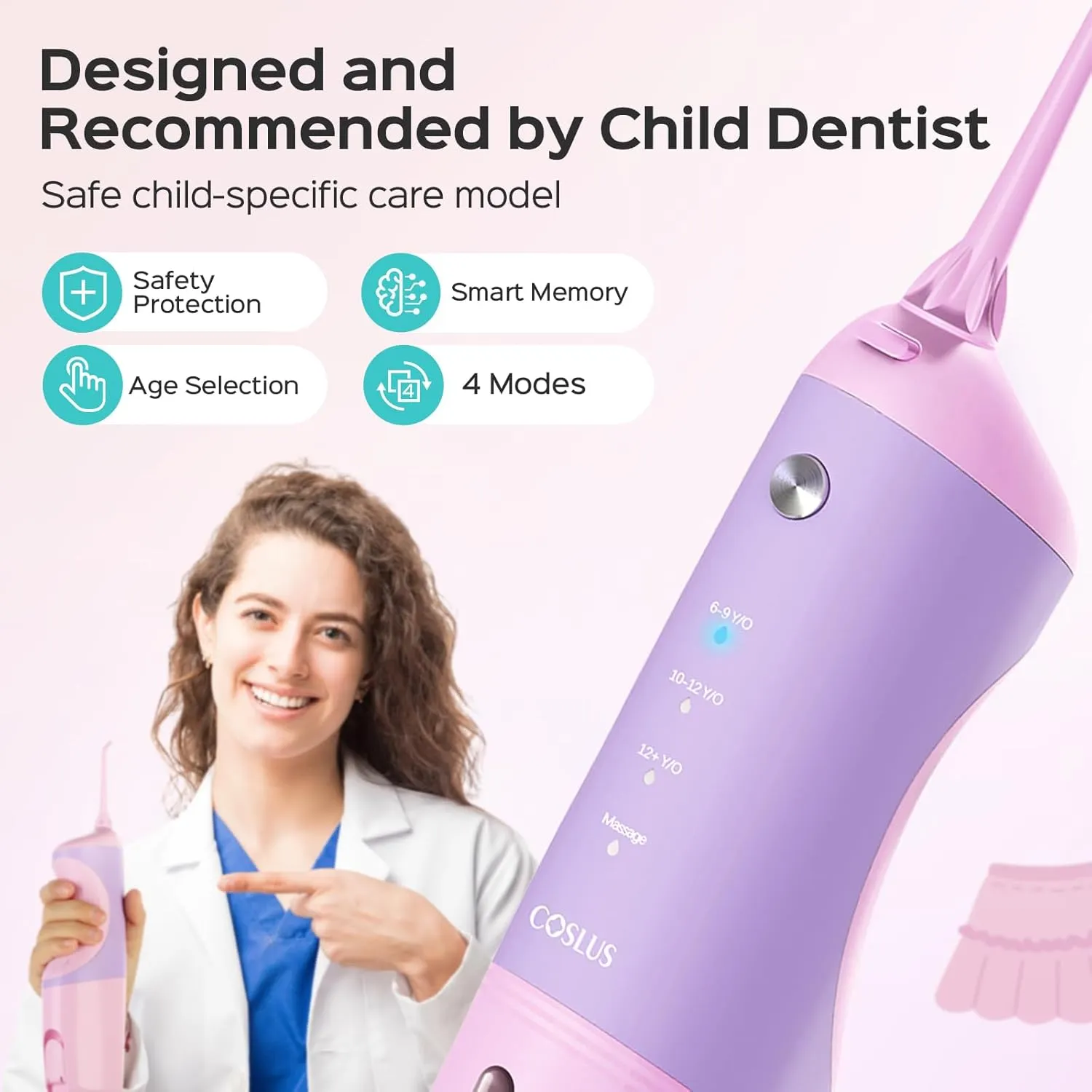 COSLUS Kids Water Dental Flosser Deep Cleaning Picks Portable 4 Modes for Ages 6  Safe Waterproof Rechargeable with 4 Jet Tips for Gums Care Pink Purple