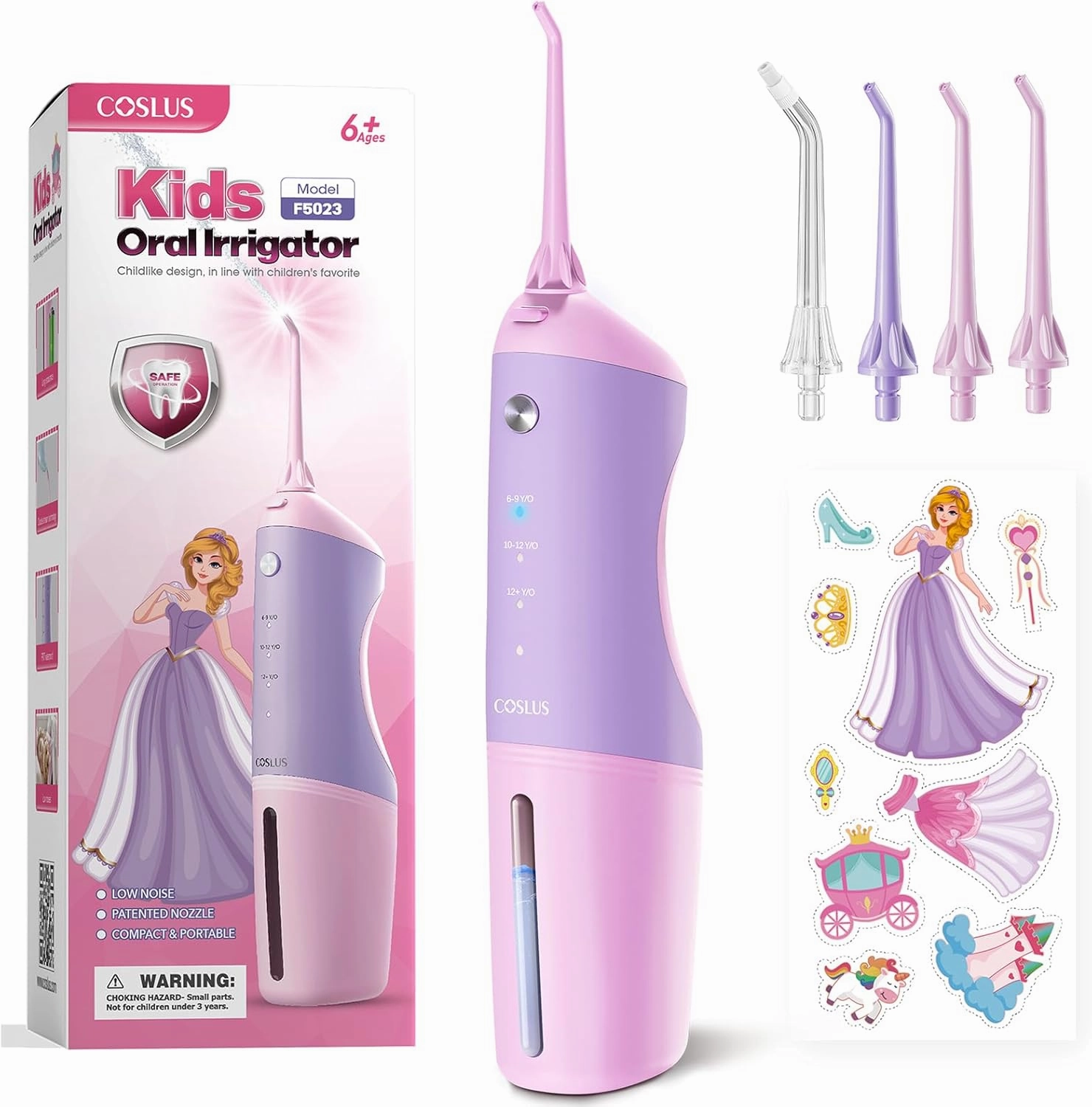 COSLUS Kids Water Dental Flosser Deep Cleaning Picks Portable 4 Modes for Ages 6  Safe Waterproof Rechargeable with 4 Jet Tips for Gums Care Pink Purple