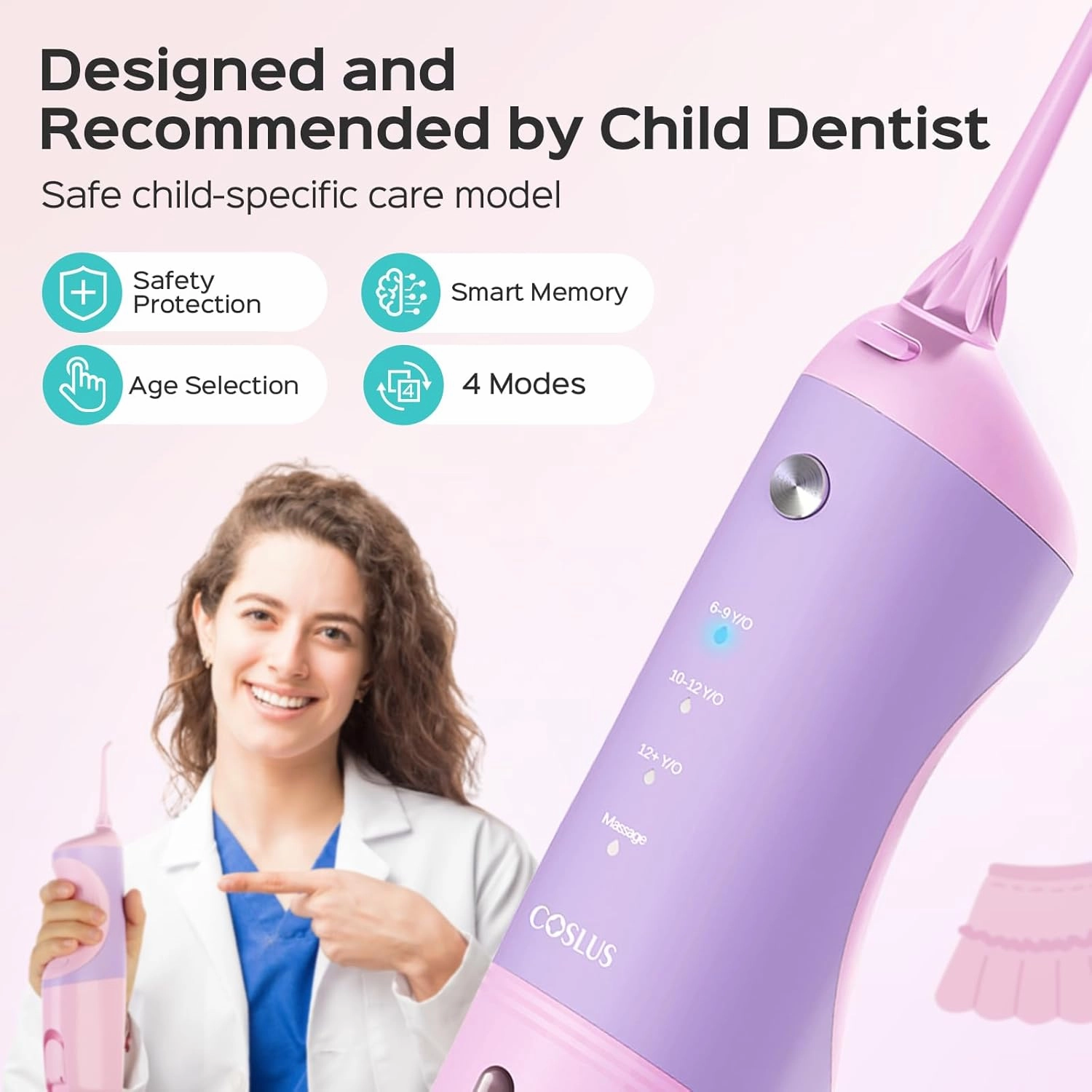 COSLUS Kids Water Dental Flosser Deep Cleaning Picks Portable 4 Modes for Ages 6  Safe Waterproof Rechargeable with 4 Jet Tips for Gums Care Pink Purple