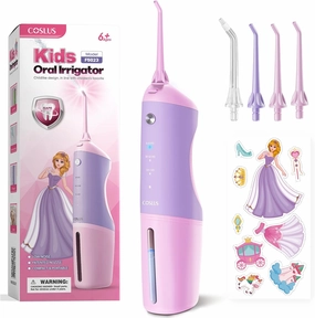 COSLUS Kids Water Dental Flosser Deep Cleaning Picks Portable 4 Modes for Ages 6  Safe Waterproof Rechargeable with 4 Jet Tips for Gums Care Pink Purple