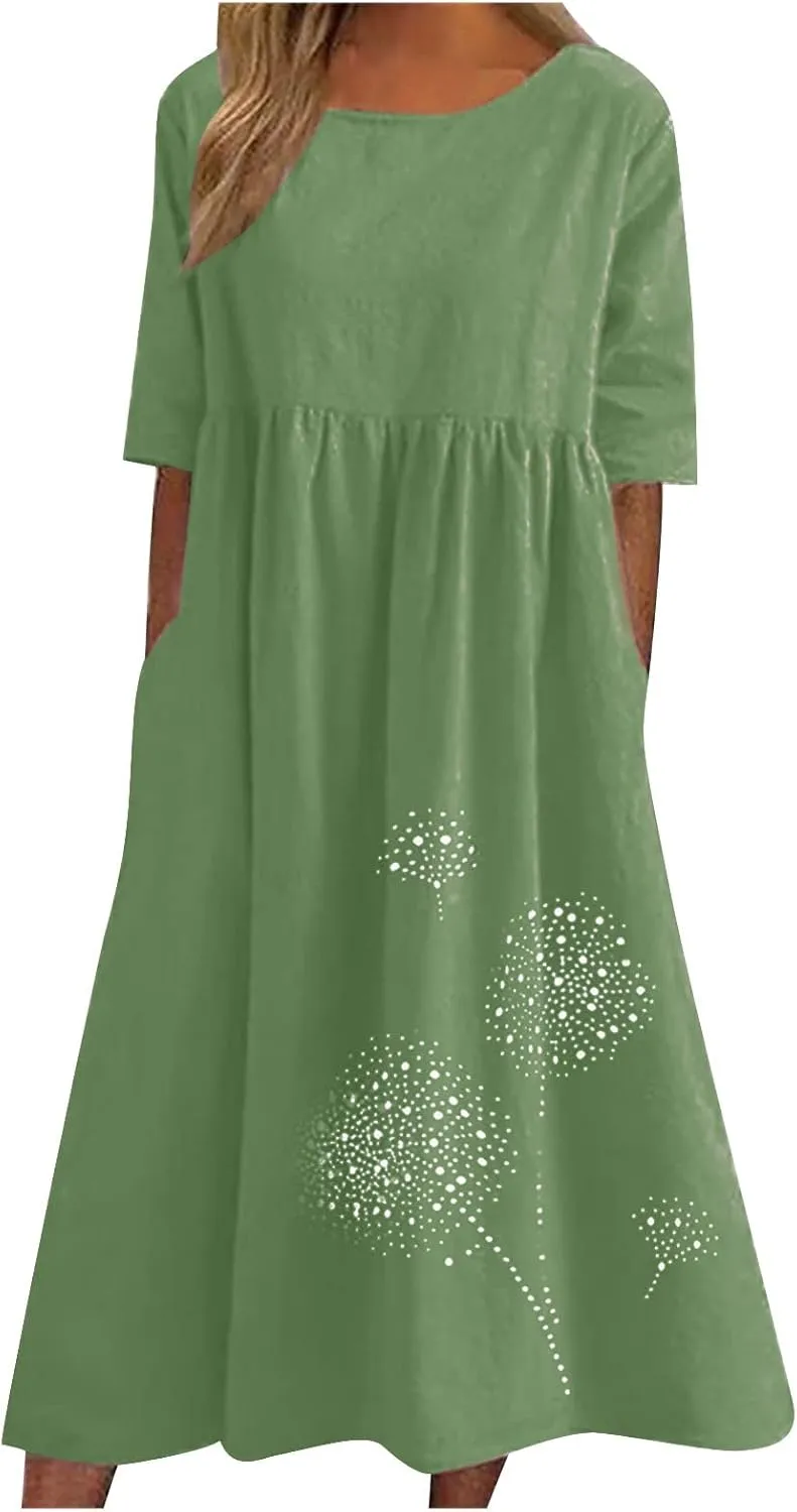 Cotton Linen Maxi Dresses for Women Casual Summer Plus Size Short Sleeve Tshirt Dress Ladies Beach Vacation Sundress
