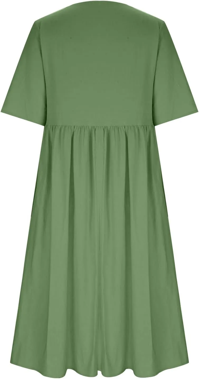 Cotton Linen Maxi Dresses for Women Casual Summer Plus Size Short Sleeve Tshirt Dress Ladies Beach Vacation Sundress