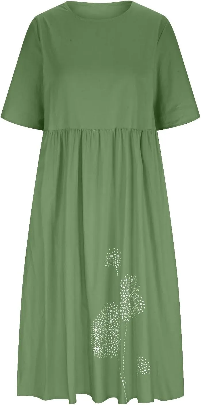 Cotton Linen Maxi Dresses for Women Casual Summer Plus Size Short Sleeve Tshirt Dress Ladies Beach Vacation Sundress