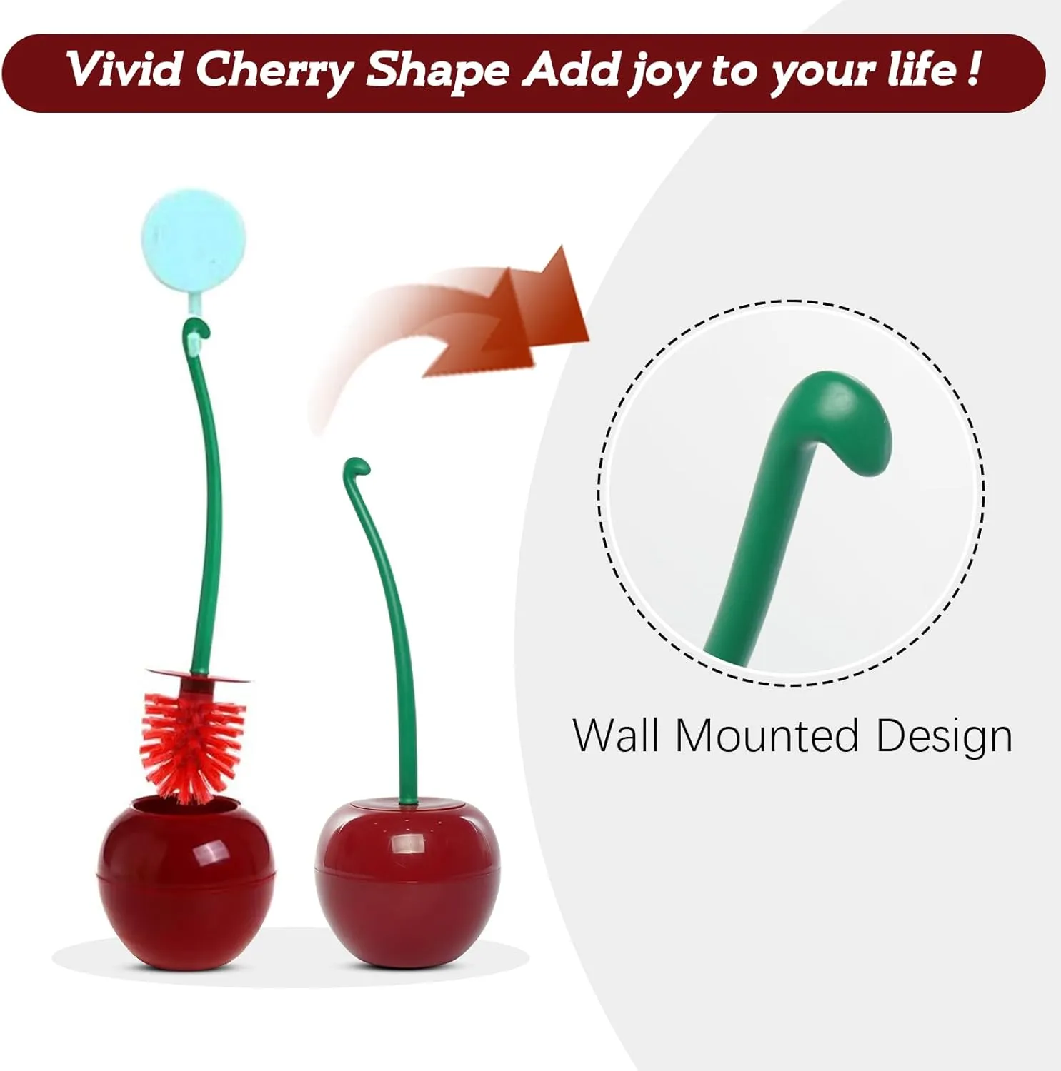 Creative Toilet Brush with Holder Bowl&Long Handle, Household Bathroom Cleaning Tool Cleaner and Base for Storage&Organization, Thick Bristle for Deep Clean-Rust Resistant Leakproof-Red Cherry Shape