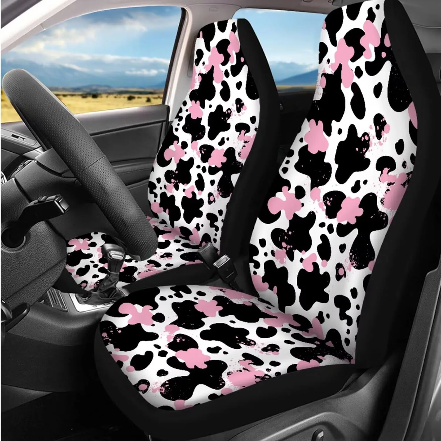 Cute Cow Print Car Seat Covers Full Set for Women Seat Protector Full Set Hippie Cow Printed Auto Interior Accessories Hanging Trash Bag,Seatbelt Pads,Armrest Pad,Cup Mats Set of 13