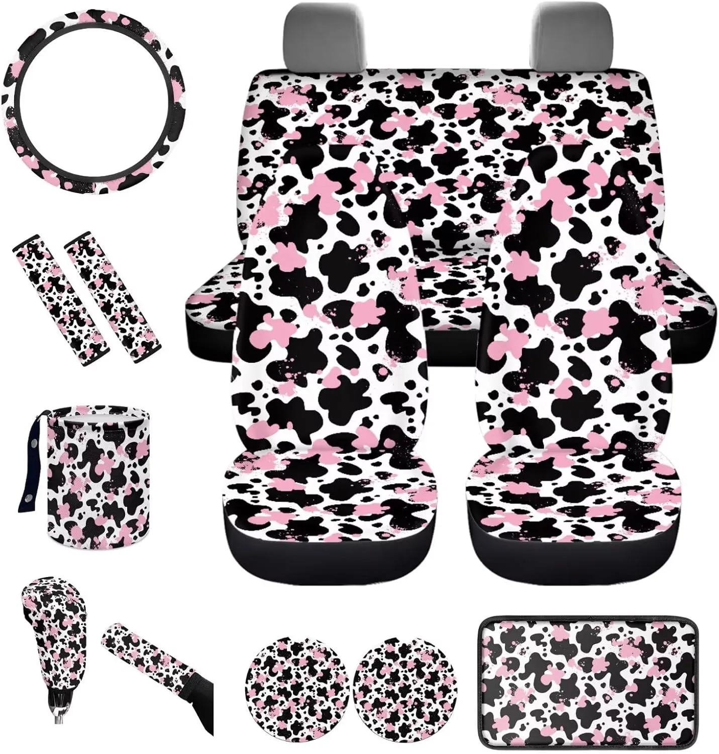 Cute Cow Print Car Seat Covers Full Set for Women Seat Protector Full Set Hippie Cow Printed Auto Interior Accessories Hanging Trash Bag,Seatbelt Pads,Armrest Pad,Cup Mats Set of 13