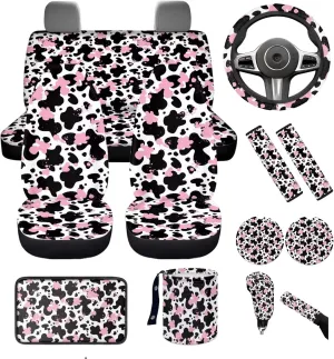 Cute Cow Print Car Seat Covers Full Set for Women Seat Protector Full Set Hippie Cow Printed Auto Interior Accessories Hanging Trash Bag,Seatbelt Pads,Armrest Pad,Cup Mats Set of 13