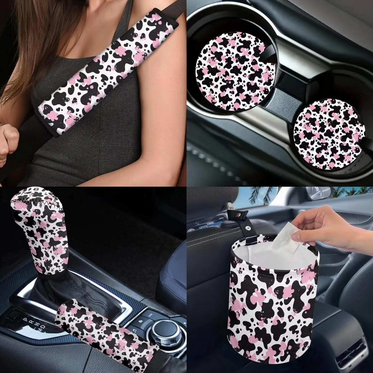 Cute Cow Print Car Seat Covers Full Set for Women Seat Protector Full Set Hippie Cow Printed Auto Interior Accessories Hanging Trash Bag,Seatbelt Pads,Armrest Pad,Cup Mats Set of 13
