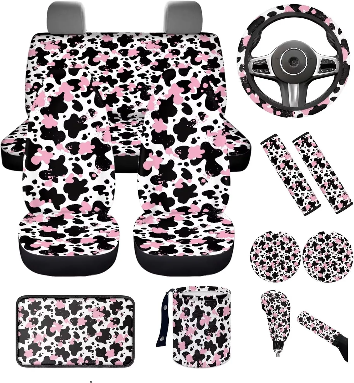 Cute Cow Print Car Seat Covers Full Set for Women Seat Protector Full Set Hippie Cow Printed Auto Interior Accessories Hanging Trash Bag,Seatbelt Pads,Armrest Pad,Cup Mats Set of 13