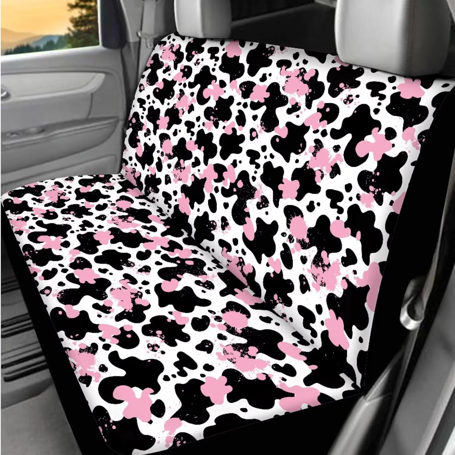 Cute Cow Print Car Seat Covers Full Set for Women Seat Protector Full Set Hippie Cow Printed Auto Interior Accessories Hanging Trash Bag,Seatbelt Pads,Armrest Pad,Cup Mats Set of 13