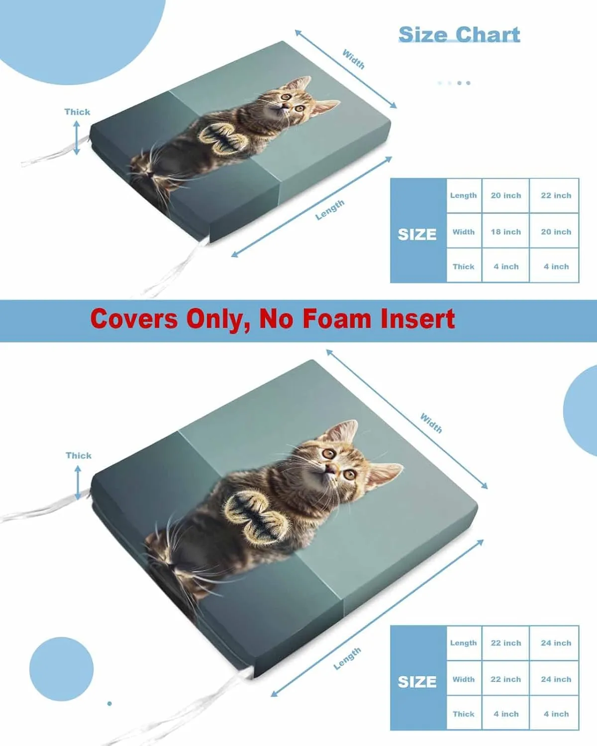 Cute Lovely Cat Outdoor Cushion Chair Cover Set of 2 - Waterproof Couch Seat Covers, Modern Art Mirror Image Pet Patio Furniture Protector Cushions Slipcovers for Sofa/RV, 24"x24"x4"