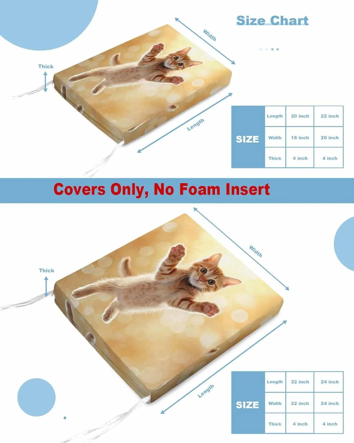 Cute Orange Cat Outdoor Cushion Chair Cover Set of 4 - Waterproof Couch Seat Covers, Lovely Modern Floating Pet Kitten Patio Furniture Protector Cushions Slipcovers for Sofa/RV, 24"x24"x4"