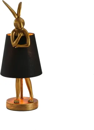 Cute Rabbit Animal Table Lamp, Creative Gold Resin Apron LED Desk Light,White/Black Linen Shade,15.7", Home Decor Eye Protection ​Lamp Office Study Bedside Lamp (15.7" Black Shade)