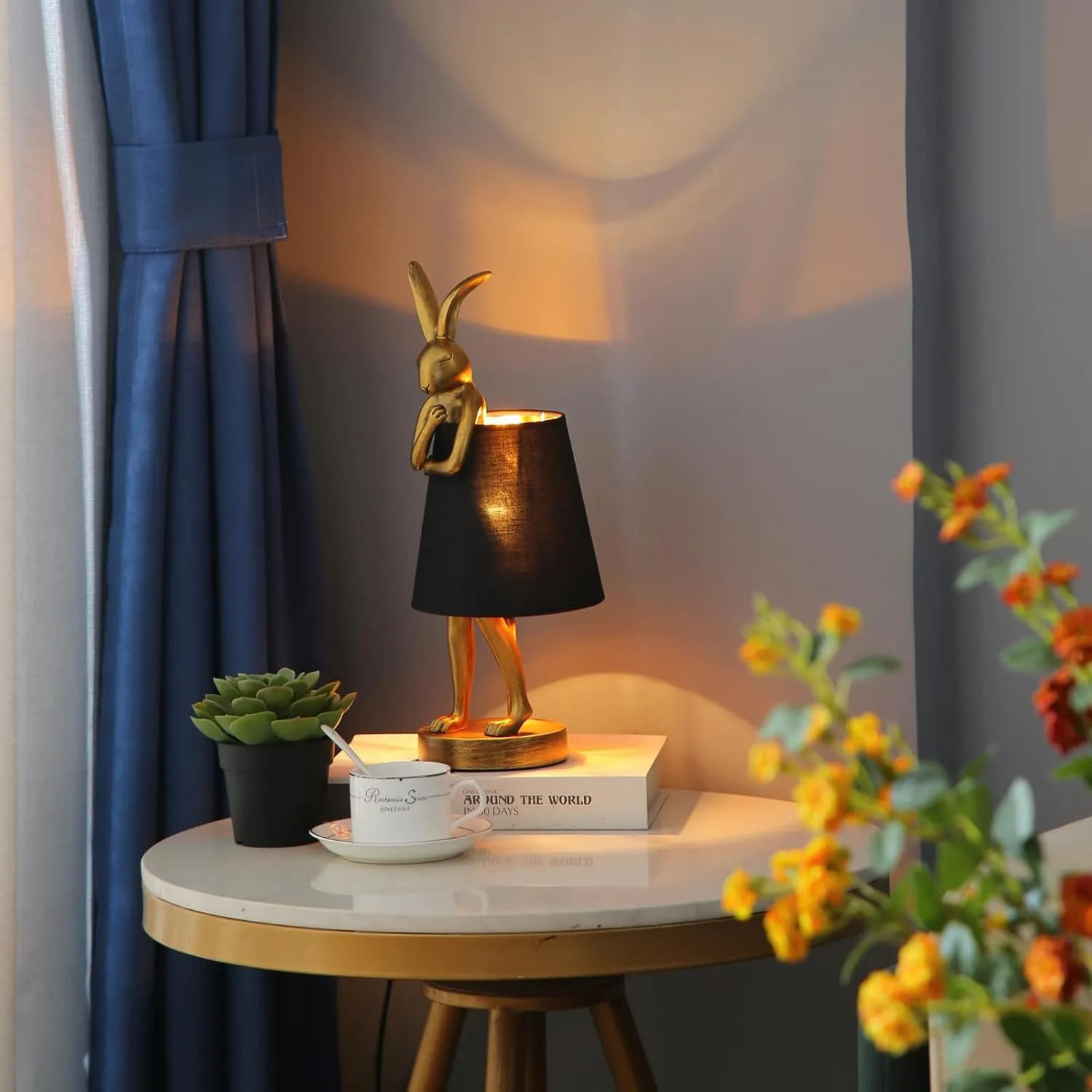 Cute Rabbit Animal Table Lamp, Creative Gold Resin Apron LED Desk Light,White/Black Linen Shade,15.7", Home Decor Eye Protection ​Lamp Office Study Bedside Lamp (15.7" Black Shade)