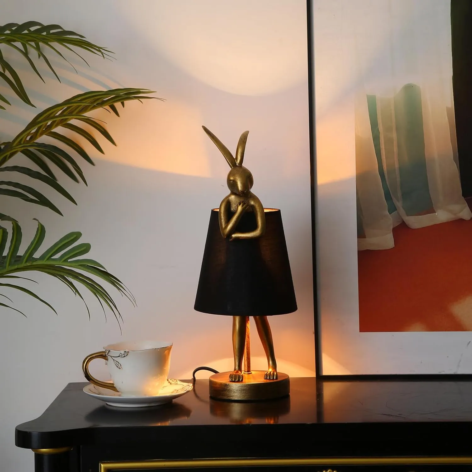 Cute Rabbit Animal Table Lamp, Creative Gold Resin Apron LED Desk Light,White/Black Linen Shade,15.7", Home Decor Eye Protection ​Lamp Office Study Bedside Lamp (15.7" Black Shade)