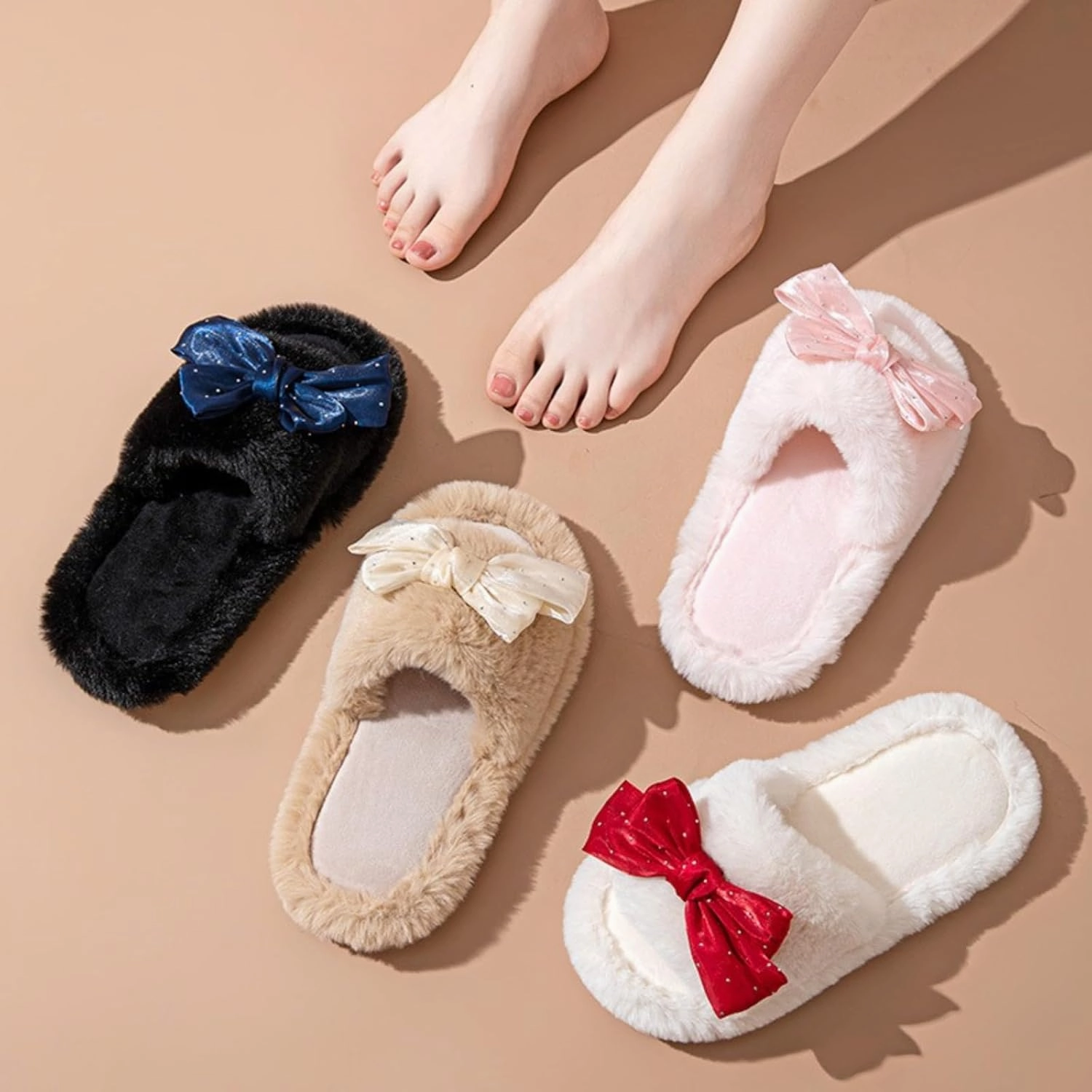 Cute Bow House Women's Slippers - Open Toe Warm Plush Fluffly Non-Slip Sole Indoor