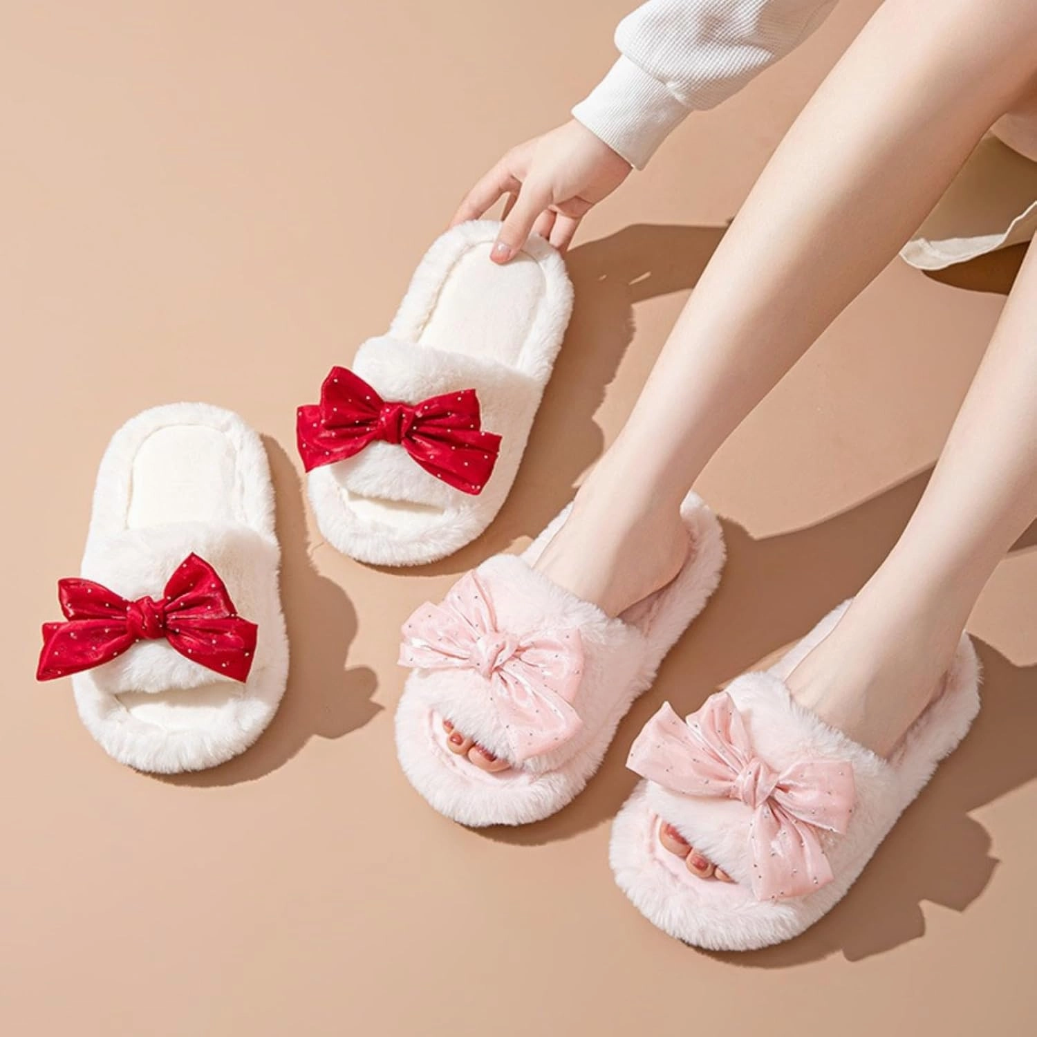 Cute Bow House Women's Slippers - Open Toe Warm Plush Fluffly Non-Slip Sole Indoor