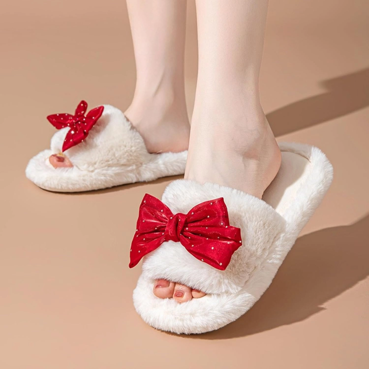 Cute Bow House Women's Slippers - Open Toe Warm Plush Fluffly Non-Slip Sole Indoor