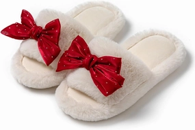 Cute Bow House Women's Slippers - Open Toe Warm Plush Fluffly Non-Slip Sole Indoor