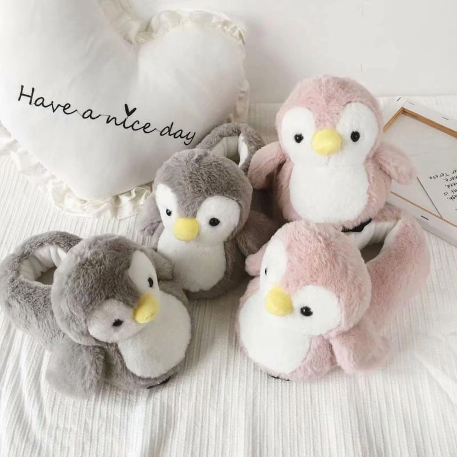 Cute Penguin Cotton Furry Slippers Animal Stuff Winter Home Slippers Cozy Fluffy Indoor House Shoes for Living Room Bedroom