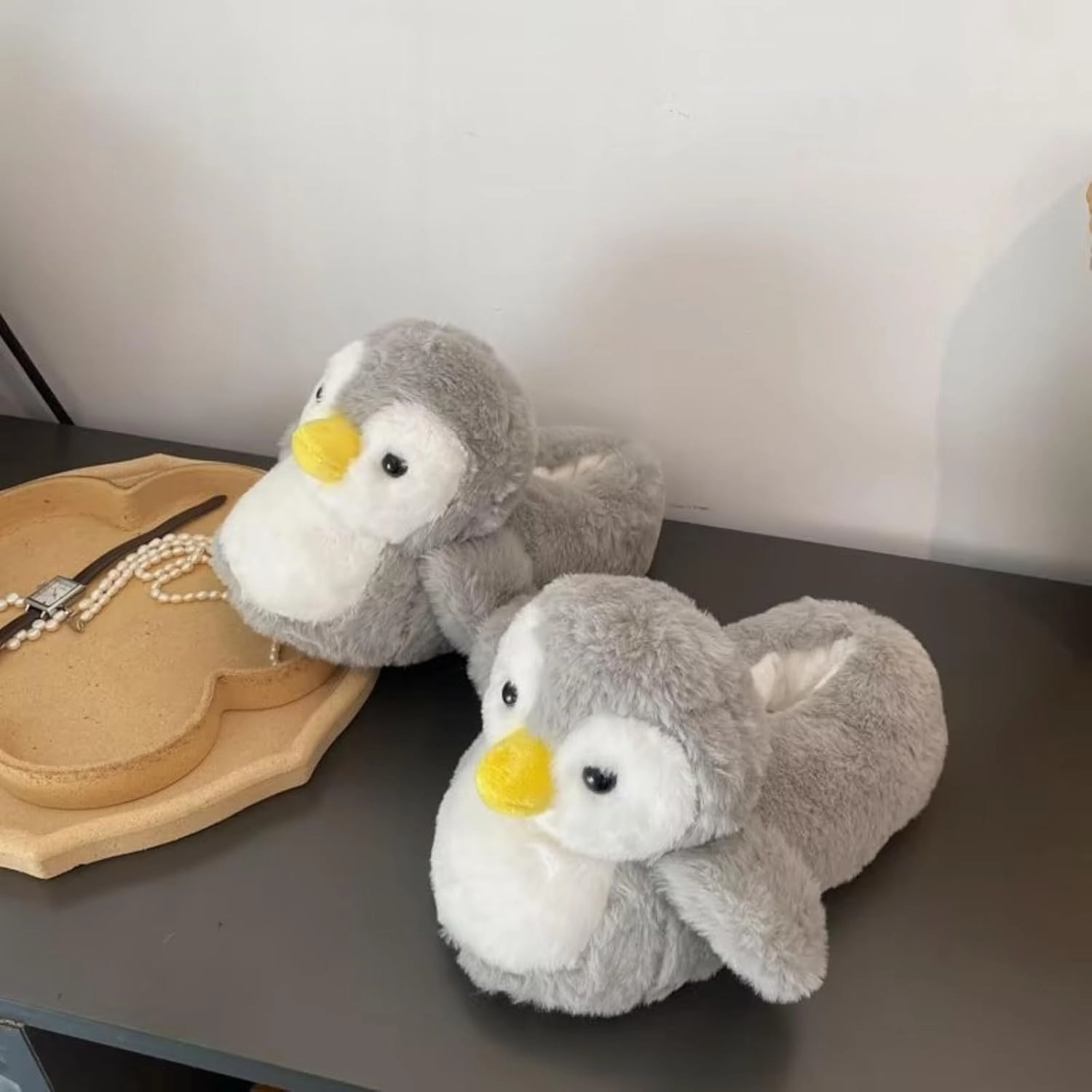 Cute Penguin Cotton Furry Slippers Animal Stuff Winter Home Slippers Cozy Fluffy Indoor House Shoes for Living Room Bedroom
