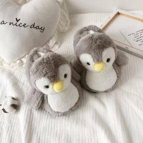 Cute Penguin Cotton Furry Slippers Animal Stuff Winter Home Slippers Cozy Fluffy Indoor House Shoes for Living Room Bedroom