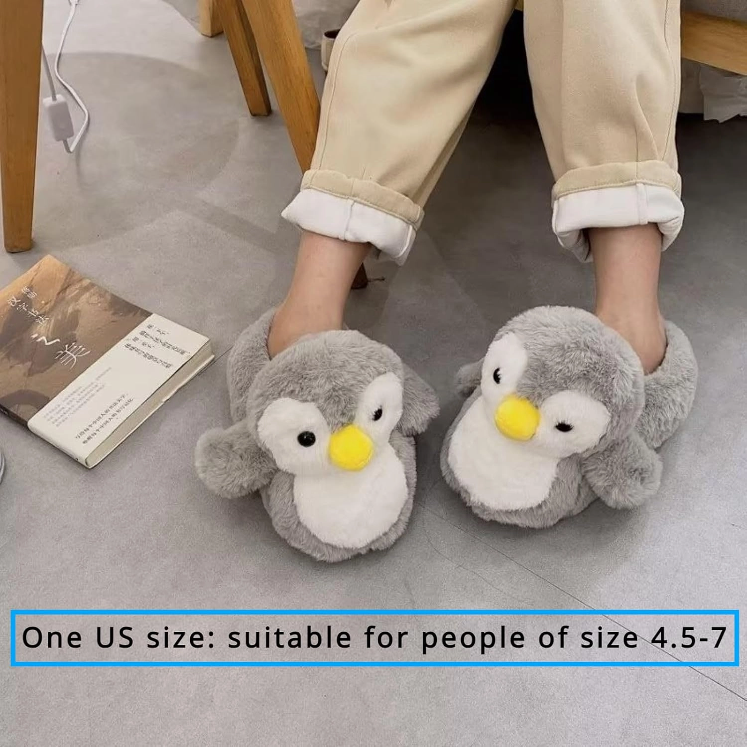Cute Penguin Cotton Furry Slippers Animal Stuff Winter Home Slippers Cozy Fluffy Indoor House Shoes for Living Room Bedroom