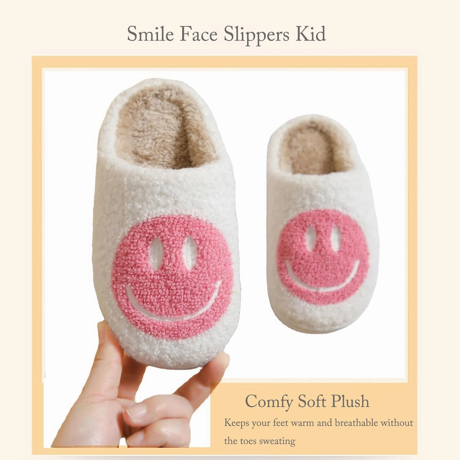 Cute Smile Face Kids' Plush Happy Face Slippers - Non-Slip, Warm, Indoor/Outdoor