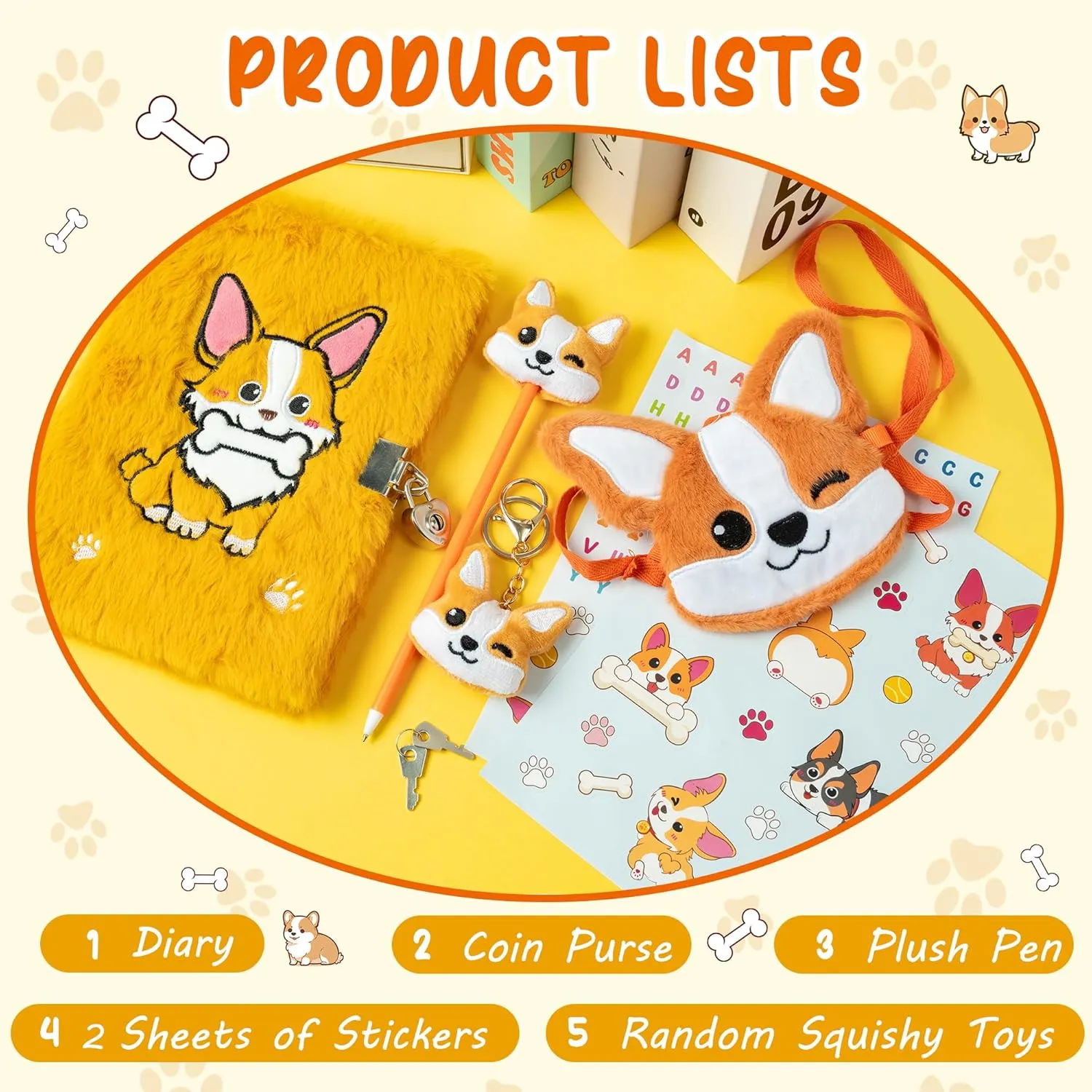CY2SIDE Corgi Dog Diary Set - 6PCS Corgi Diary with Lock and Keys for Girls, Corgi Plush Secret Journal Diary Journaling Set for Writing, Make Your Own Scrapbook with Crafts Idea Gift for Teen Girls