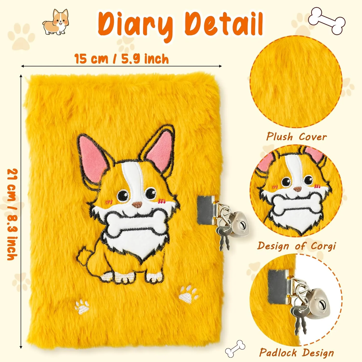 CY2SIDE Corgi Dog Diary Set - 6PCS Corgi Diary with Lock and Keys for Girls, Corgi Plush Secret Journal Diary Journaling Set for Writing, Make Your Own Scrapbook with Crafts Idea Gift for Teen Girls