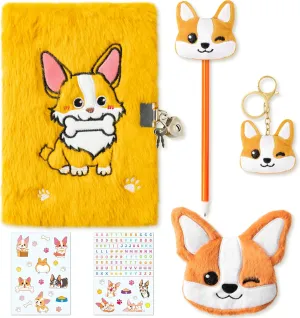 CY2SIDE Corgi Dog Diary Set - 6PCS Corgi Diary with Lock and Keys for Girls, Corgi Plush Secret Journal Diary Journaling Set for Writing, Make Your Own Scrapbook with Crafts Idea Gift for Teen Girls