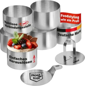 Dessertringe Speiseringe Set 8 cm Rund 8-teilig Edelstahl, 6 Ringe mit Heber und Stampfer, Kleiner Kuchenring Backring Servierring Mini Kuchenform Muffin Backform Ausstecher Burgerring