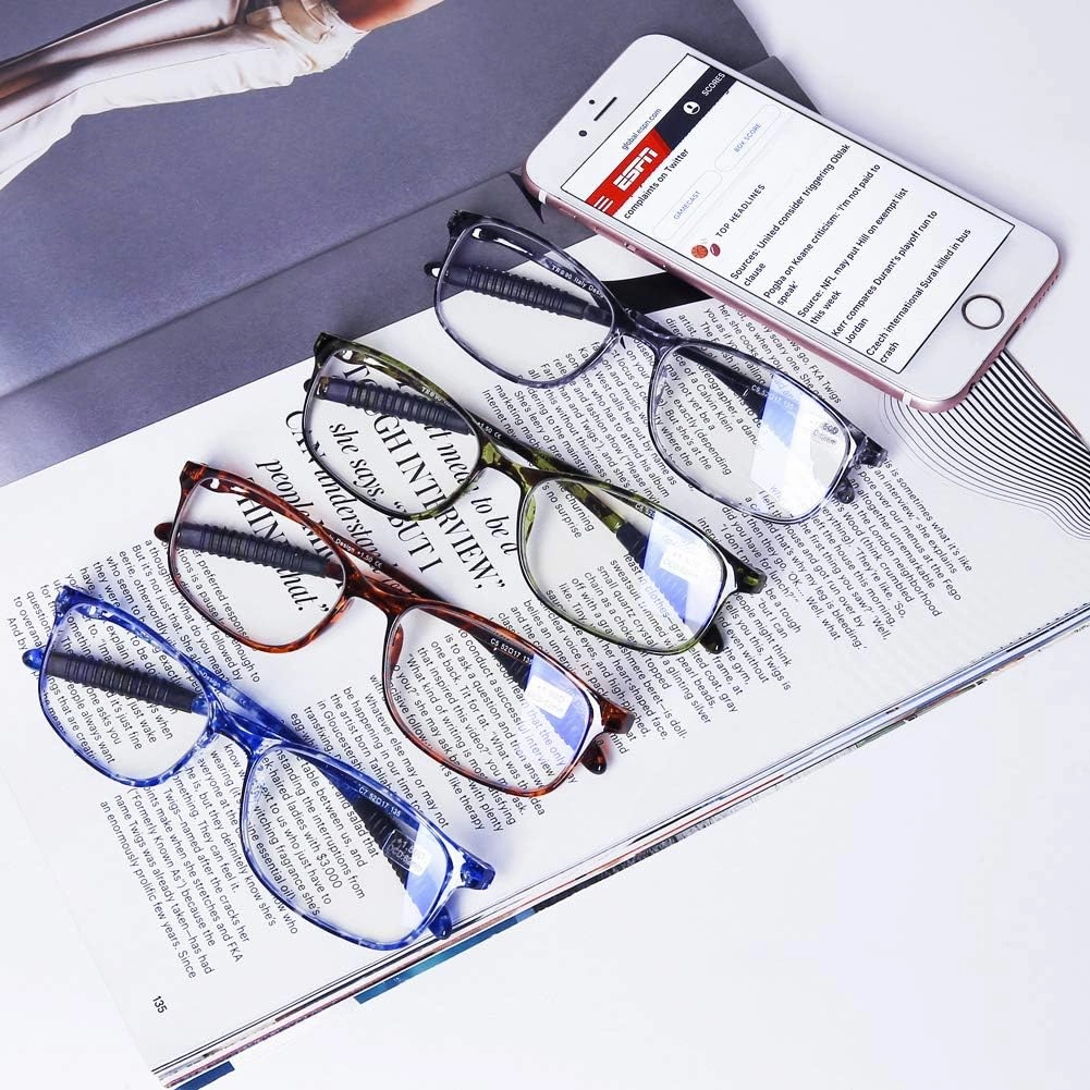 DOOViC Computer Reading Glasses 4 Pack Blue Light Blocking Glasses Anti Eyestrain Flexible Lightweight Readers for Women Men