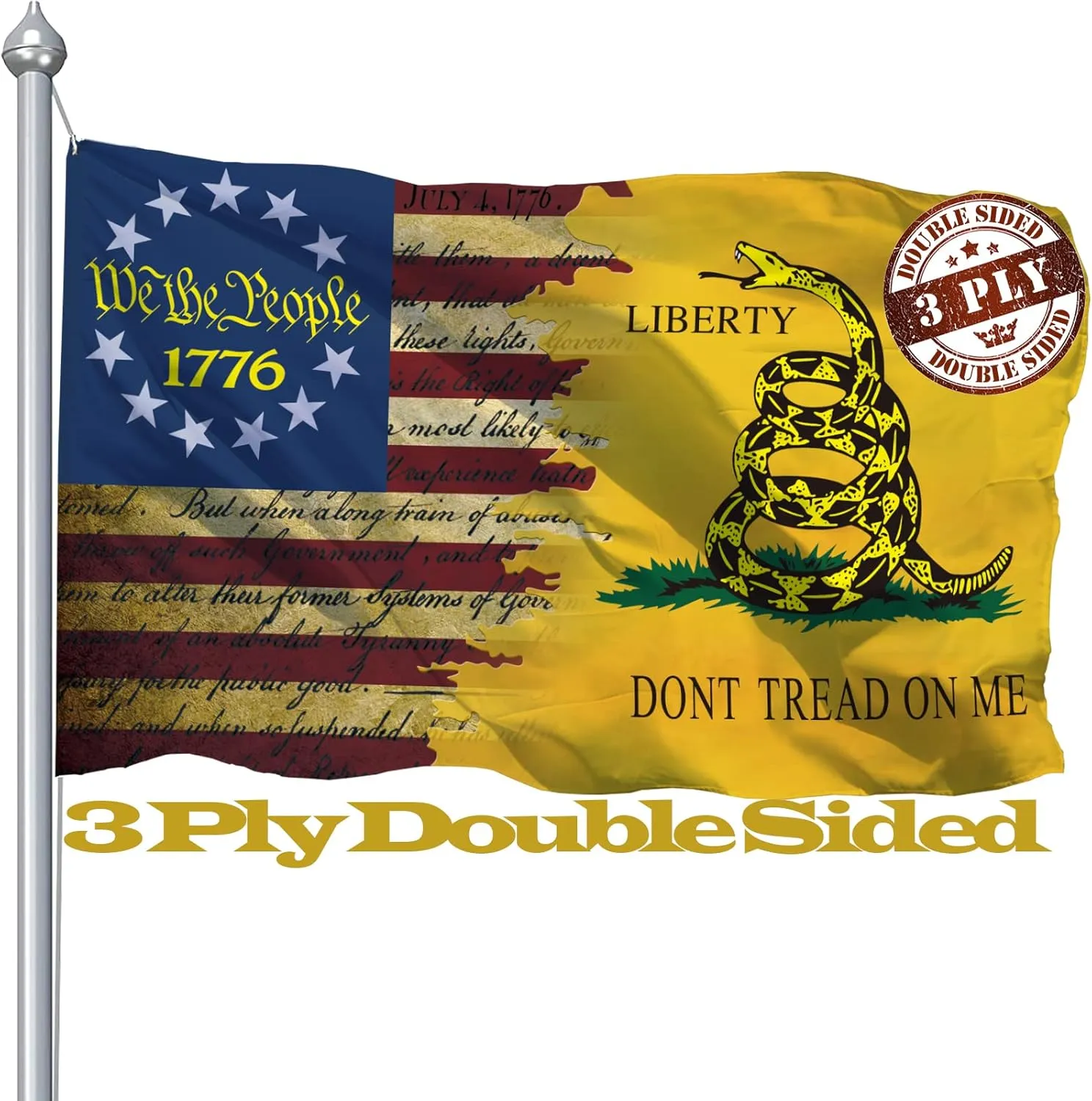 Double Sided Don't Tread On Me Flag 3x5 Ft, Gadsden Dont Tread On Me Flags Banner, 3 Ply USA American Rattlesnake Garden Flag Outdoor With UV Fade Proof