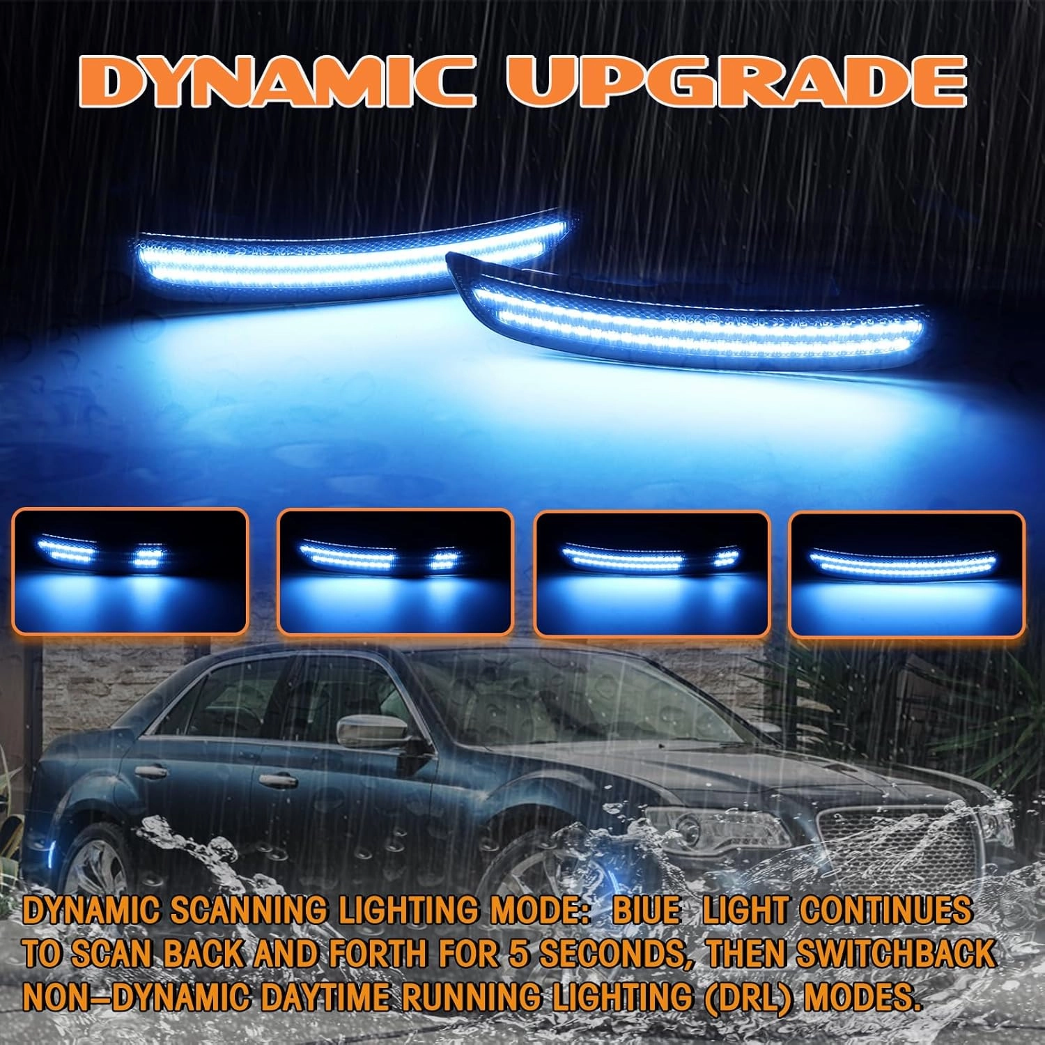 Dynamic Side Marker Lights Kits for Chrysler 300 2015-2023, Front & Rear LED Smoked Lens, Blue Side Bumper Marker Lights, Sidemarker Lamp Accessories 4 Pack