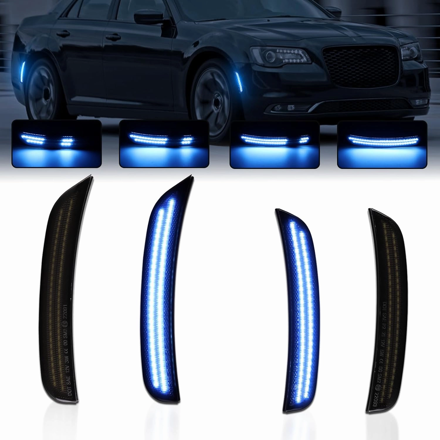 Dynamic Side Marker Lights Kits for Chrysler 300 2015-2023, Front & Rear LED Smoked Lens, Blue Side Bumper Marker Lights, Sidemarker Lamp Accessories 4 Pack