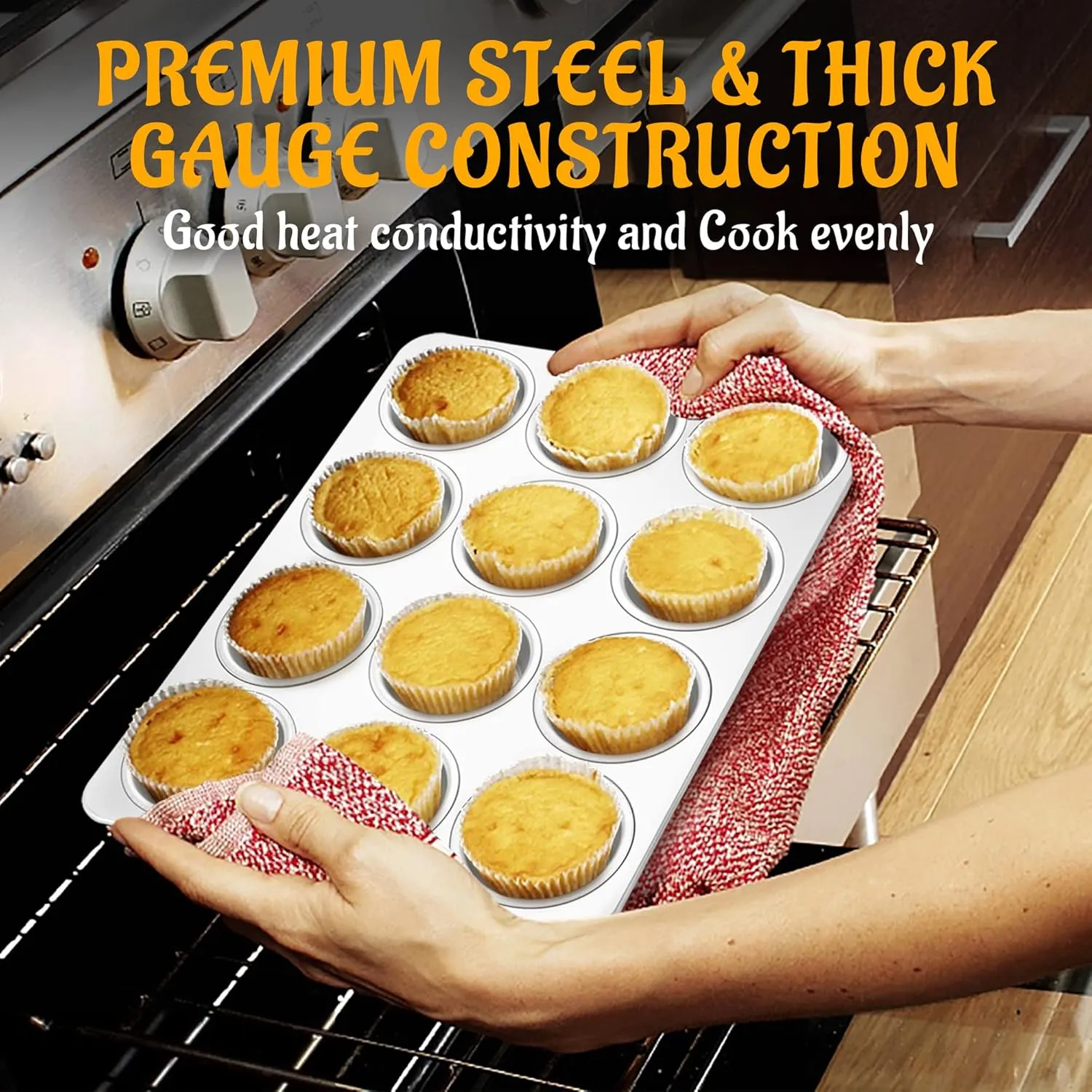 E-far 12-Cup Muffin Pan Set of 4, Stainless Steel Muffin Tins, Non-Toxic Metal Cupcake Pans Tray for Baking Small Mini Cupcake, Heavy Duty & Regular Size, Rust Free & Dishwasher Safe